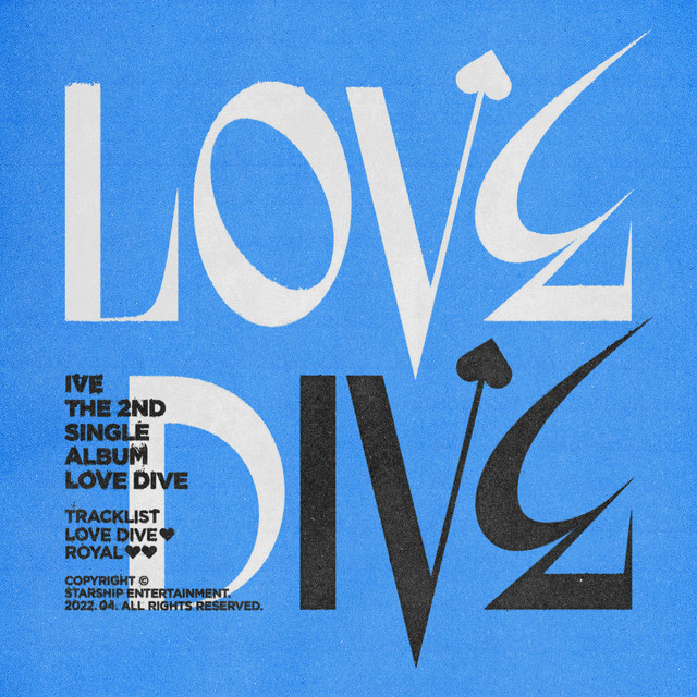 Album cover for LOVE DIVE by IVE, featuring blue dominant palette and typographic composition.