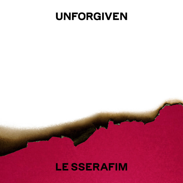 Album cover for UNFORGIVEN by LE SSERAFIM, featuring white dominant palette and typographic composition.