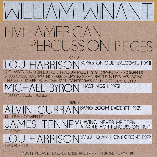 Album cover for Five American Percussion Pieces by Michael Byron, William Winant, featuring beige dominant palette and typographic composition.