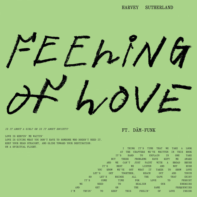 Album cover for Feeling Of Love by Harvey Sutherland, DāM-FunK, featuring green dominant palette and typographic composition.