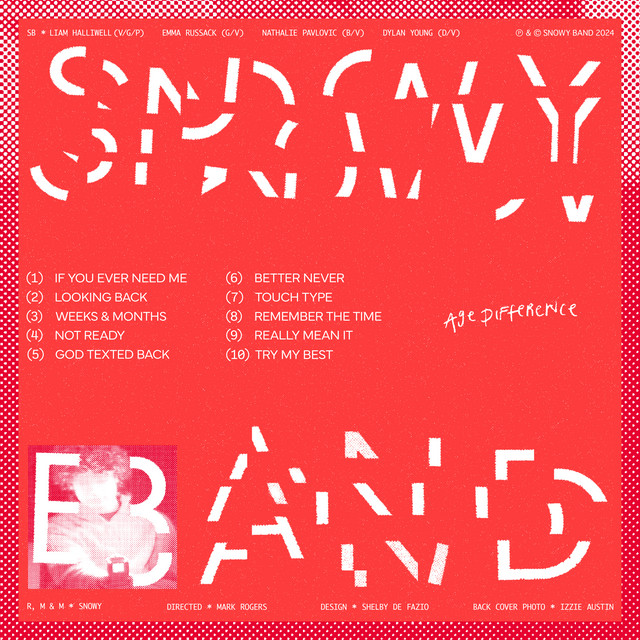Album cover for Age Difference by Snowy Band, featuring red dominant palette and typographic composition.