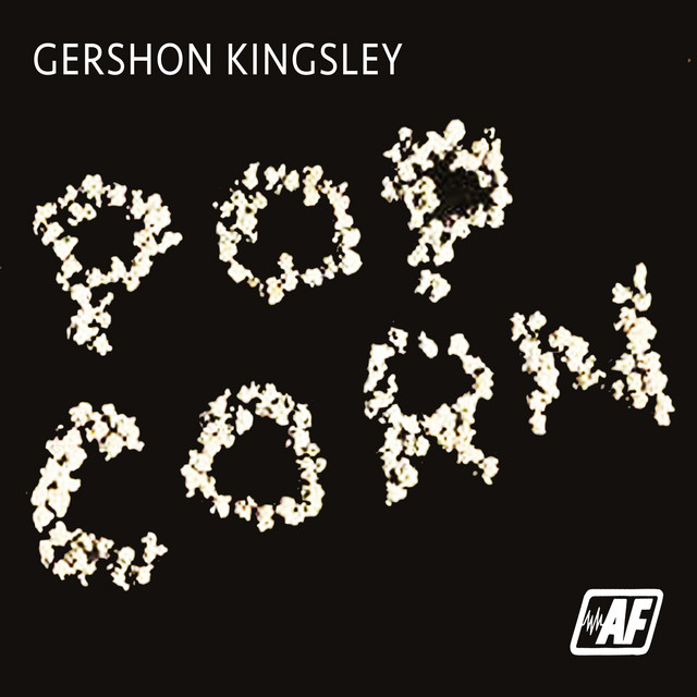 Album cover for Pop Corn by Gershon Kingsley, featuring black dominant palette and typographic composition.